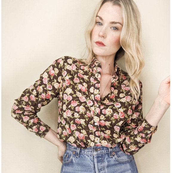 90s Brown Floral Long Sleeve Button Down Blouse - Picture 11 of 14